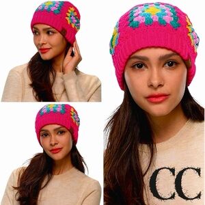 C.C Fuchsia Pink Multi Color Granny Square Crochet Beanie Skully Winter Hat 7393